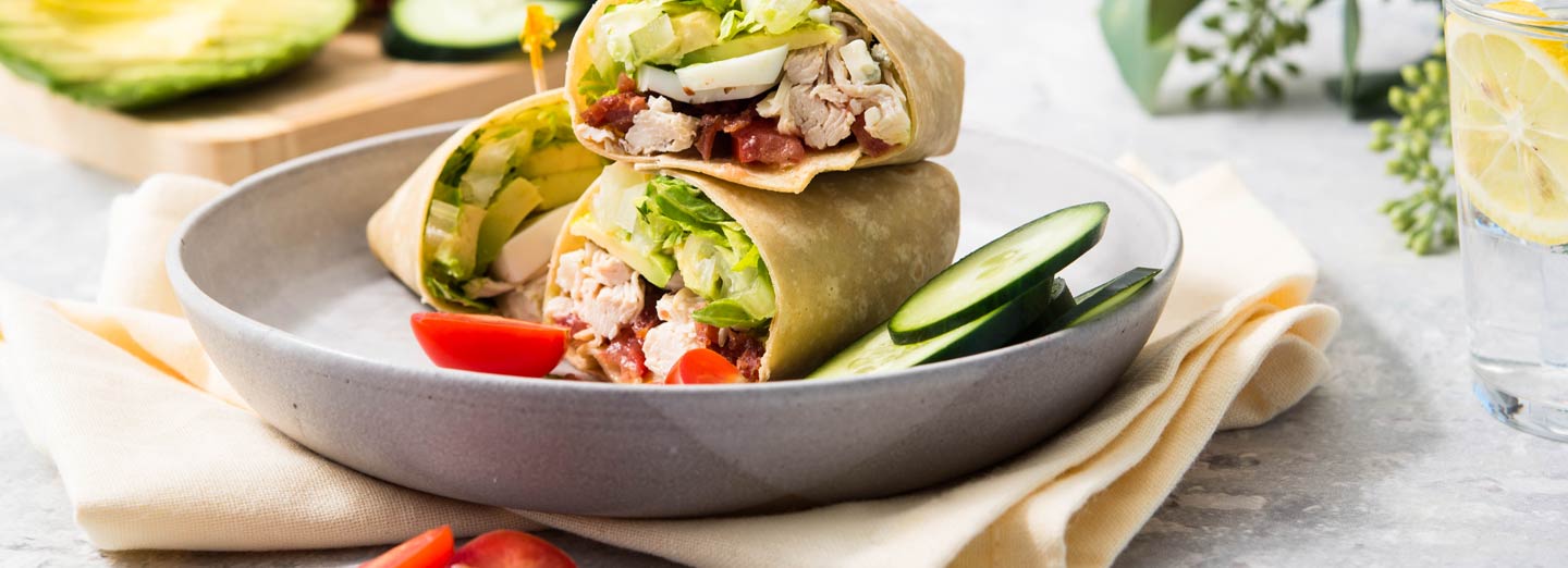 Cobb salad recipe. Tumaro's wrap sliced diagonally.