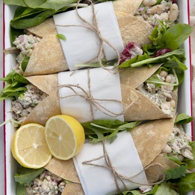 White bean and tuna wrap cut in half
